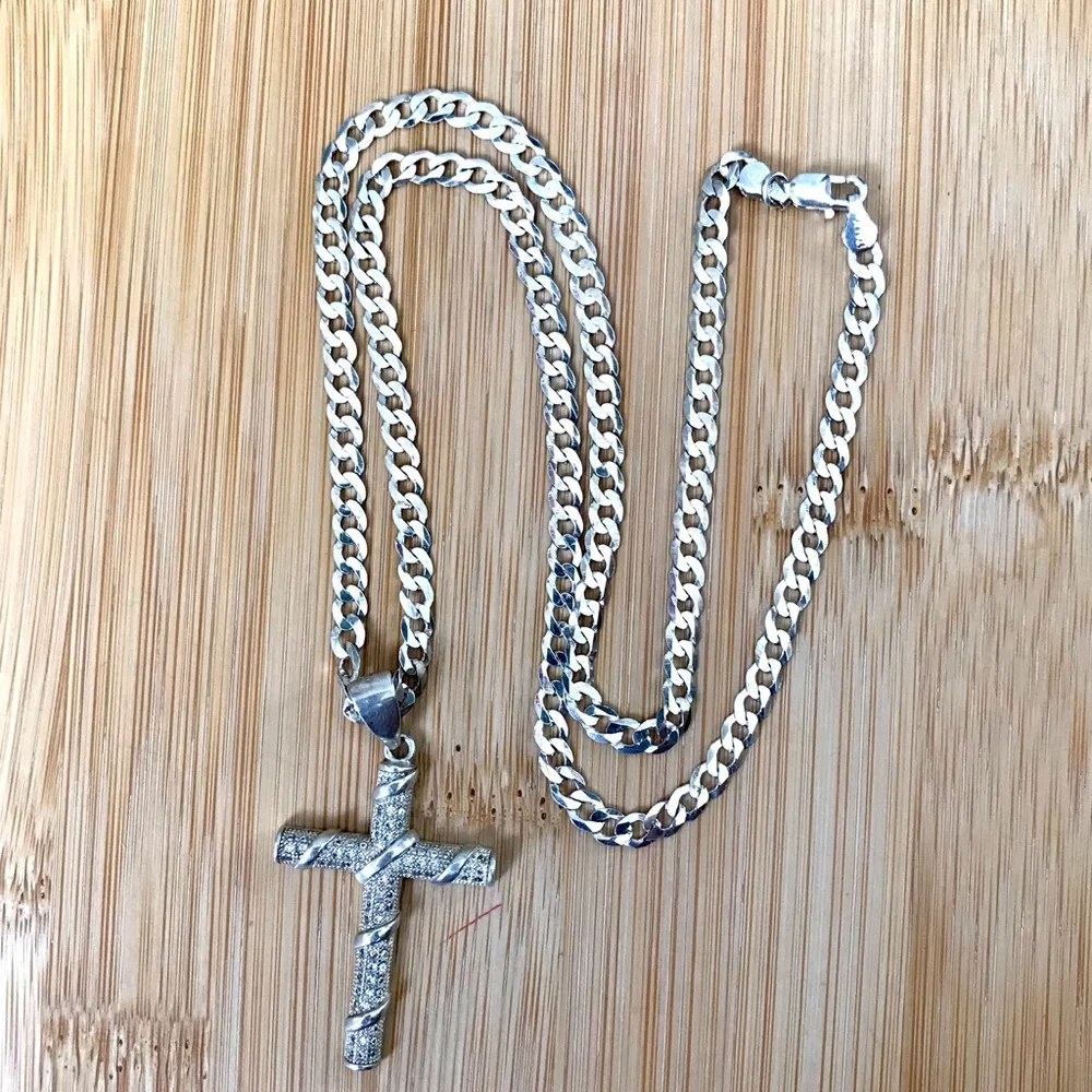 Silver Cuban Chain Necklace with Pave Cross Pendant 925 Sterling Silver 20”